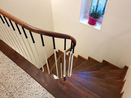 un escalier en bois avec une plante en pot sur le mur dans l'établissement Gîte Santenay les Bains, à Saint-Sernin-du-Plain