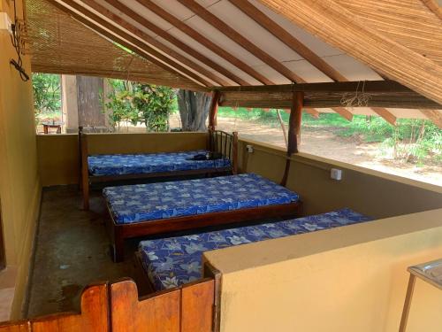 a group of three beds in a room at Captain's Cottage at Yala in Kataragama