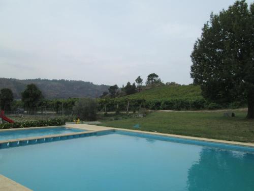 a large blue swimming pool with a hill in the background at Quinta de Lourosa in Lousada