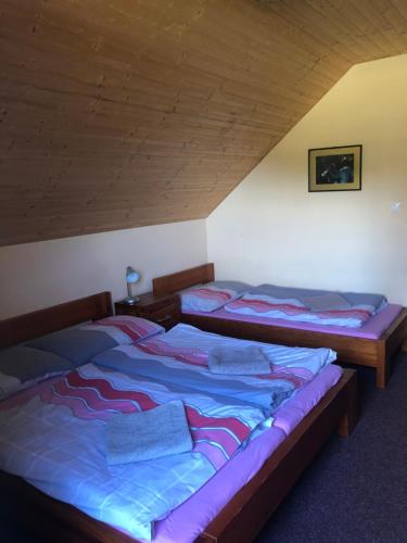 una stanza con due letti in una mansarda di Horalka a Demänovská Dolina
