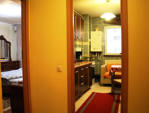 ブカレストにあるVitan modern apartment, sleeps 4のキッチン(緑のキャビネット、シンク付)