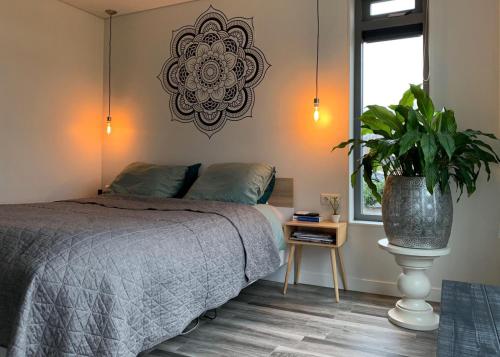 奧斯特沃爾德的住宿－Mooiverblijf，一间卧室配有一张床和盆栽植物