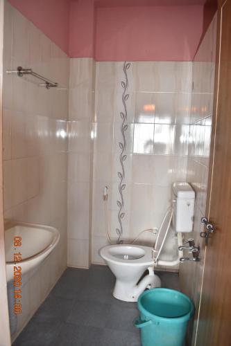 a bathroom with a toilet and a sink and a tub at Doctors Heritage Lodge in Sringeri