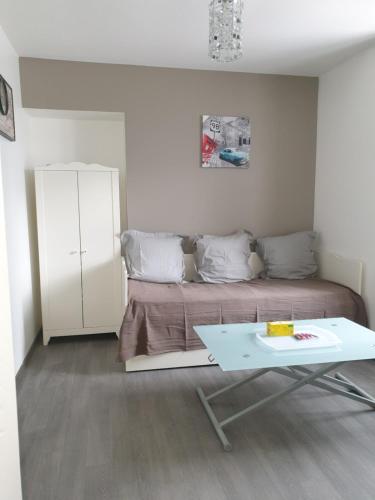 a living room with a bed and a table at studio meublé au RDC , proche lac in Aix-les-Bains