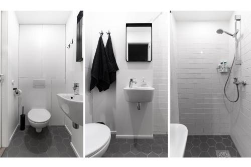due foto di un bagno con un water e un lavandino di Cosy XS Studio a Tallinn