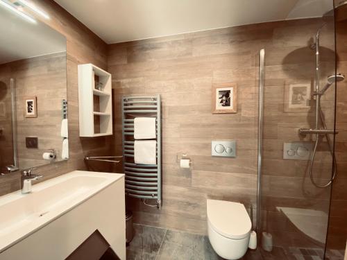 a bathroom with a shower and a toilet and a sink at CHALET LYOBA in Le Grand-Bornand