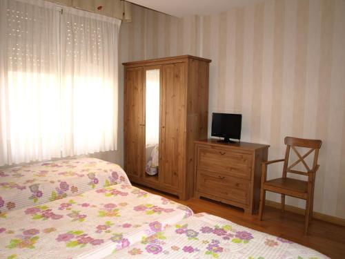 a bedroom with a bed and a tv and a chair at Hostal Orejas in León