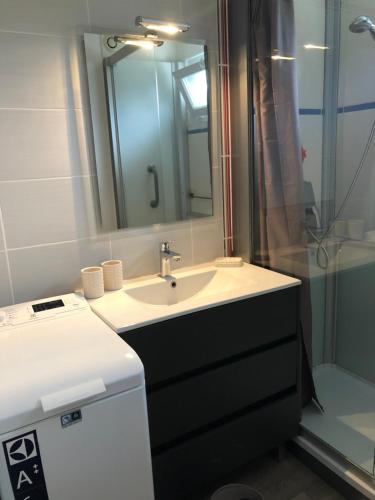 ein Badezimmer mit Waschbecken und Dusche in der Unterkunft Appartement cosy, en rez de chaussée, en plein centre de CAmbo les Bains in Cambo-les-Bains