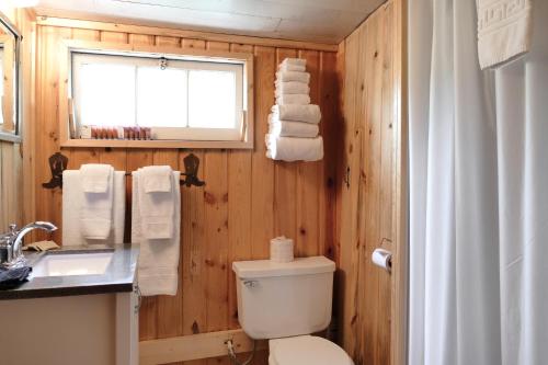 bagno con servizi igienici, lavandino e finestra di Trail Shop Inn a Wapiti
