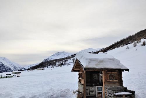 a small cabin in the snow with mountains in the background at Mountain Chalet Milly in Livigno