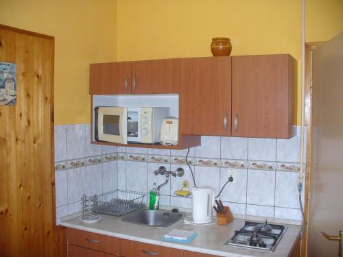 cocina con fregadero y microondas en Pleiveisz Apartman, en Sárvár