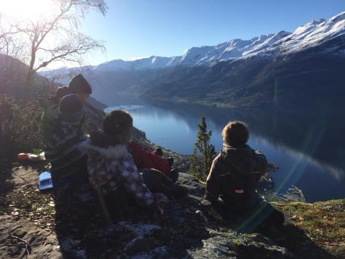 a group of children sitting on a mountain overlooking a lake at Huse Gjestegard in Kinsarvik