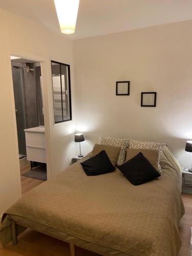 une chambre avec un lit avec deux oreillers dessus dans l'établissement chez Muriel,T2 de charme, parc Ste Marie, Nancy Thermal, Mon Désert, à Nancy