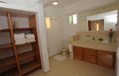 a bathroom with a sink and a toilet and a mirror at La Ceiba del Mar in Zihuatanejo
