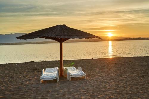 two chairs and an umbrella on a beach at Modern Apartment in Vrsi, 45 m², spacious terrace in Vrsi