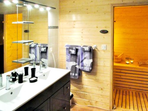 ein Bad mit einem Waschbecken, einem Spiegel und einer Dusche in der Unterkunft Appartement de 2 chambres avec sauna jardin amenage et wifi a Xonrupt Longemer in Xonrupt-Longemer