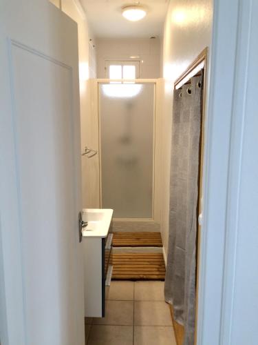 une salle de bain avec douche et lavabo dans l'établissement Maison chaleureuse à Erquy avec jardin et parking, à Erquy