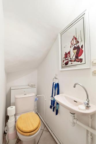 une salle de bain avec toilettes et lavabo dans l'établissement Maison chaleureuse Saint-Cyr-sur-le-Rhône, à Saint-Cyr-sur-le-Rhône