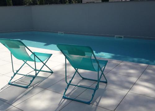 deux chaises assises à côté d'une piscine dans l'établissement Appartement Complet pour 2 personnes Classé 4 étoiles - Au coeur des Golfs, à Saint-Raphaël