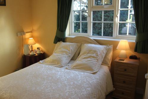 a bedroom with a bed with two pillows and two windows at Ingon Bank Farm Bed And Breakfast in Stratford-upon-Avon