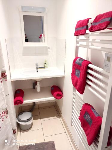 une salle de bain avec un lavabo et des toilettes dans l'établissement Maison accueillante à Solesmes avec terrasse et parking inclus, à Solesmes