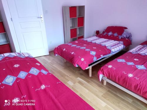 two beds in a room with red comforters at Maison d'une chambre avec terrasse amenagee et wifi a Solesmes in Solesmes