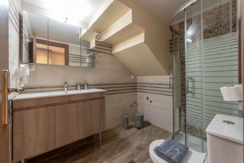 a bathroom with a sink and a shower and a toilet at Amaryllis Maison Hili in Alexandroupoli