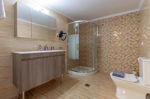a bathroom with a shower and a sink and a toilet at Amaryllis Maison Hili in Alexandroupoli