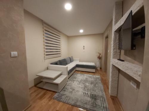 a living room with a white couch and a tv at Apartmani Ristanović in Zlatibor
