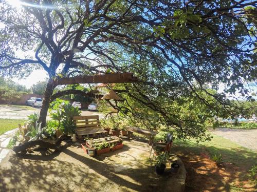 a park with two benches and a tree at Topo do Cipó Ecopousada Vegana in Serra do Cipo
