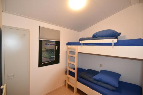 two bunk beds in a room with blue pillows at Chalet Albatros in Diever