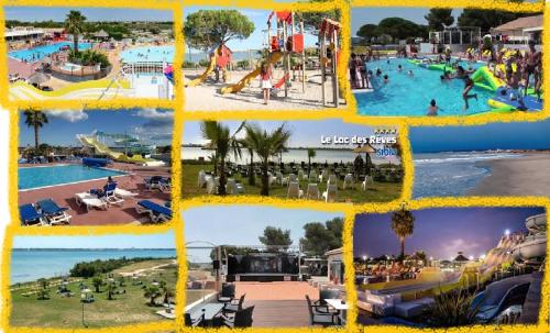 un collage de photos d'un parc aquatique dans l'établissement Mobil home LAC DES REVES, à Lattes