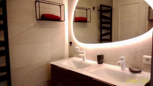 une salle de bain avec un lavabo et un grand miroir dans l'établissement Cottage with a big idyllic garden at the lake, à Lacanau