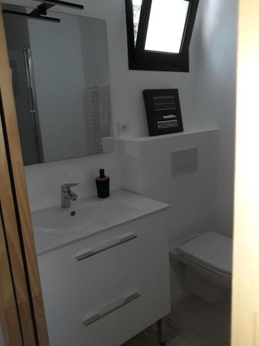 ein weißes Bad mit einem Waschbecken und einem WC in der Unterkunft Villa de Gascogne in Lanton