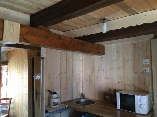 a kitchen with wooden walls and a sink and a microwave at La Maison des Fées in Mex