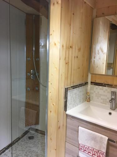 La salle de bains est pourvue d'une douche et d'un lavabo. dans l'établissement La Maison des Fées, à Mex