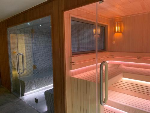 a sauna with a shower and a glass door at Plein la vue in Barvaux