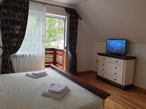 a bedroom with a bed with a television and a window at Pensiunea Putnisoara in Putnişoara