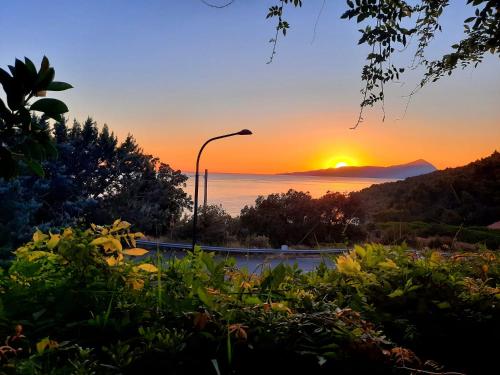a sunset over the ocean with a street light at Bed & Breakfast Laino in Maratea