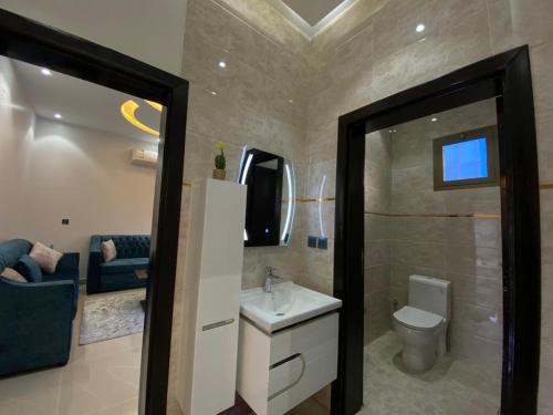 ein Badezimmer mit einem Waschbecken, einem WC und einem Spiegel in der Unterkunft فلل ومسابح بلوسكاي in Al Aqiq