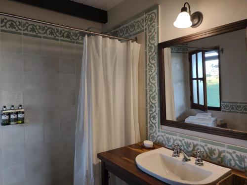 y baño con lavabo y ducha con espejo. en Casa de Esteros en Colonia Carlos Pellegrini