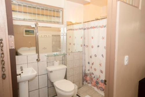 a bathroom with a toilet and a sink and a shower at Hotel Laura's House in Coco