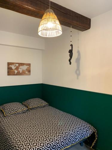a bedroom with a bed and a chandelier at Sweet Discovery & Jungle in Bourges