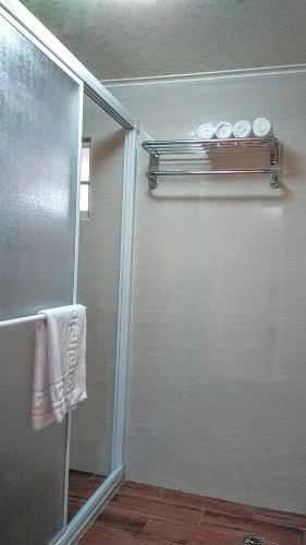 a bathroom with a shower and a towel rack at Smile house Homestay in Taiping