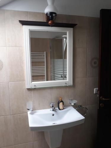 a bathroom with a white sink and a mirror at Pensiunea Obcina Mare in Cacica