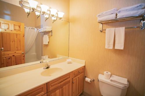 a bathroom with a sink and a toilet and a mirror at Banff Woods lodge in Canmore