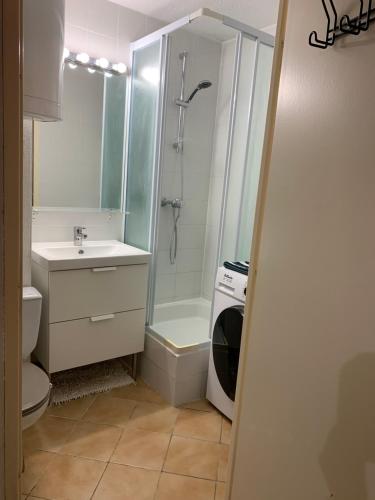 une salle de bain avec une douche, un lavabo et des toilettes dans l'établissement Appartement Bord de mer, à La Londe-les-Maures