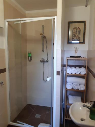 a bathroom with a shower and a sink at Pension Art in Lázně Bohdaneč