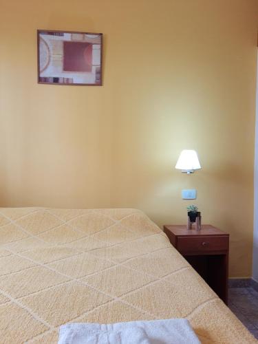 a bedroom with a bed and a table with a lamp at Hotel Brisas in Villa Carlos Paz