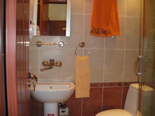 Un baño con lavabo, inodoro y espejo. en Brani Family Hotel, en Ruse